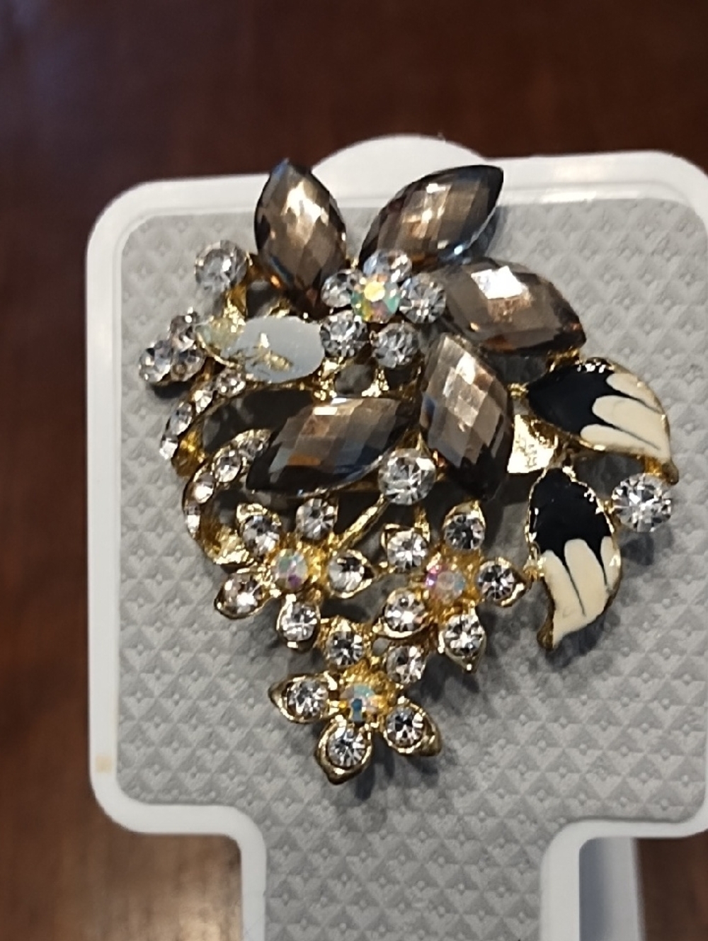 Crystal Floral Brooch in Smoky Gray and Black - Unbranded